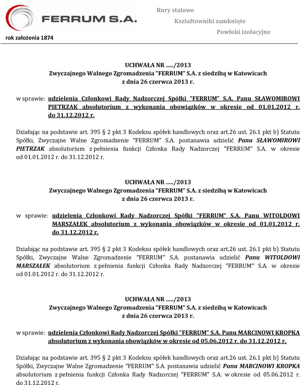 postanawia udzielić Panu SŁAWOMIROWI PIETRZAK absolutorium z pełnienia funkcji Członka Rady Nadzorczej FERRUM S.A. w okresie od 01.01.2012 r.