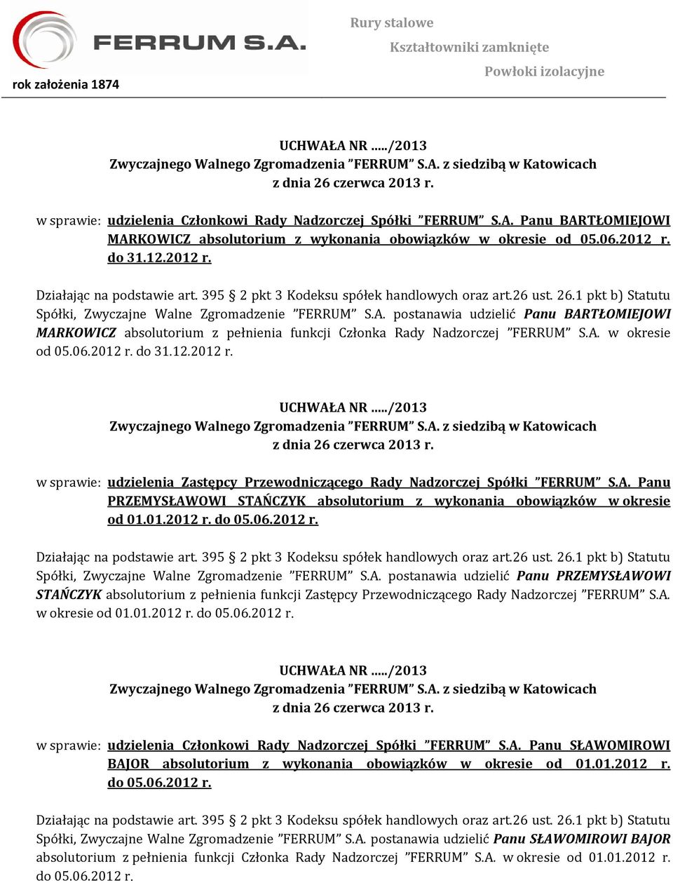 postanawia udzielić Panu BARTŁOMIEJOWI MARKOWICZ absolutorium z pełnienia funkcji Członka Rady Nadzorczej FERRUM S.A. w okresie od 05.06.2012 r.