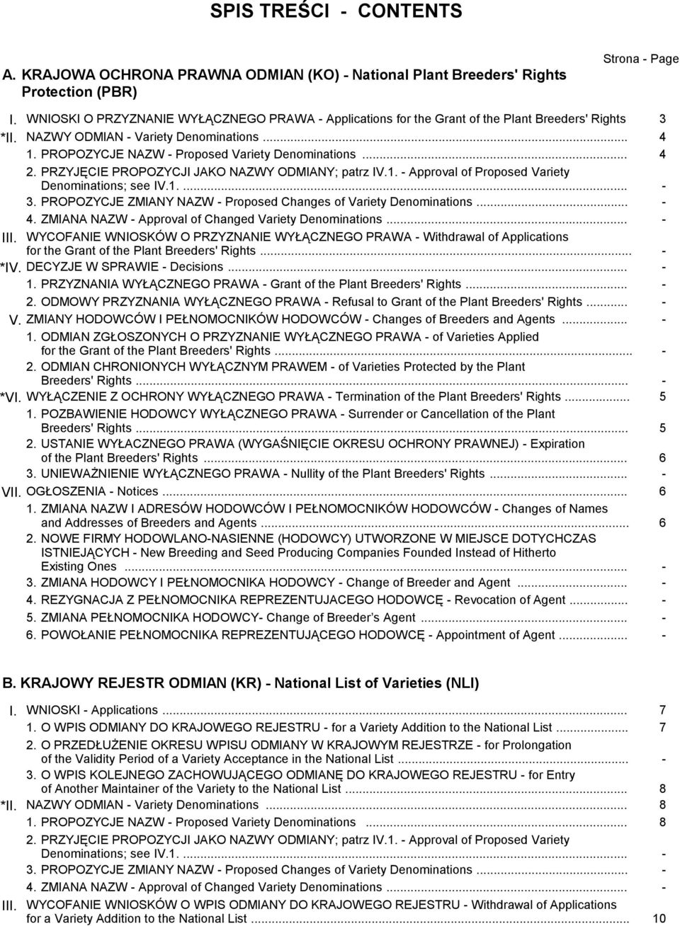 .. 4 2. PRZYJĘCIE PROPOZYCJI JAKO NAZWY ODMIANY; patrz IV.1. - Approval of Proposed Variety Denominations; see IV.1.... - 3. PROPOZYCJE ZMIANY NAZW - Proposed Changes of Variety Denominations... - 4.