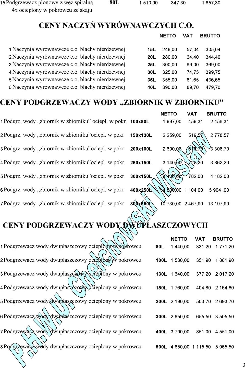 o. blachy nierdzewnej 40L 390,00 89,70 479,70 CENY PODGRZEWACZY WODY ZBIORNIK W ZBIORNIKU 1 Podgrz. wody zbiornik w zbiorniku ociepl. w pokr. 100x80L 1 997,00 459,31 2 456,31 2 Podgrz.