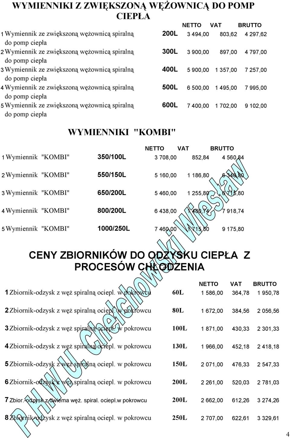 spiralną 600L 7 400,00 1 702,00 9 102,00 WYMIENNIKI "KOMBI" 1 Wymiennik "KOMBI" 350/100L 3 708,00 852,84 4 560,84 2 Wymiennik "KOMBI" 550/150L 5 160,00 1 186,80 6 346,80 3 Wymiennik "KOMBI" 650/200L