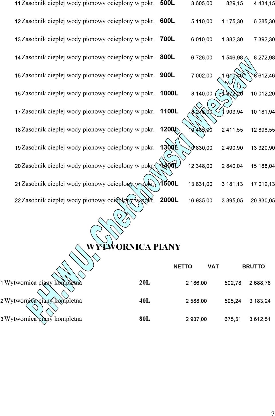 800L 6 726,00 1 546,98 8 272,98 15 Zasobnik ciepłej wody pionowy ocieplony w pokr. 900L 7 002,00 1 610,46 8 612,46 16 Zasobnik ciepłej wody pionowy ocieplony w pokr.