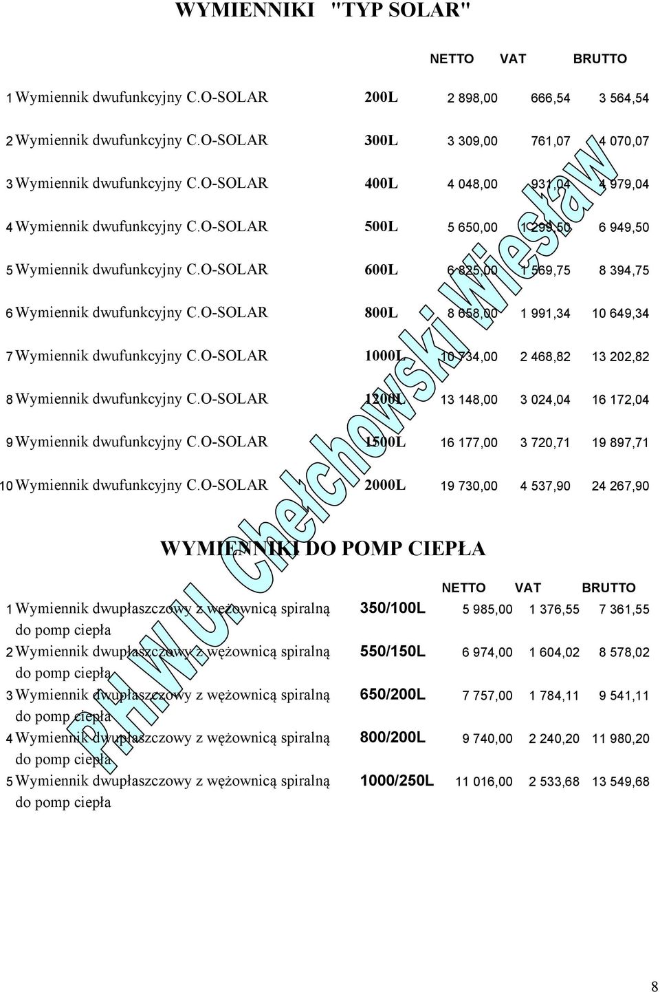 O-SOLAR 800L 8 658,00 1 991,34 10 649,34 7 Wymiennik dwufunkcyjny C.O-SOLAR 1000L 10 734,00 2 468,82 13 202,82 8 Wymiennik dwufunkcyjny C.