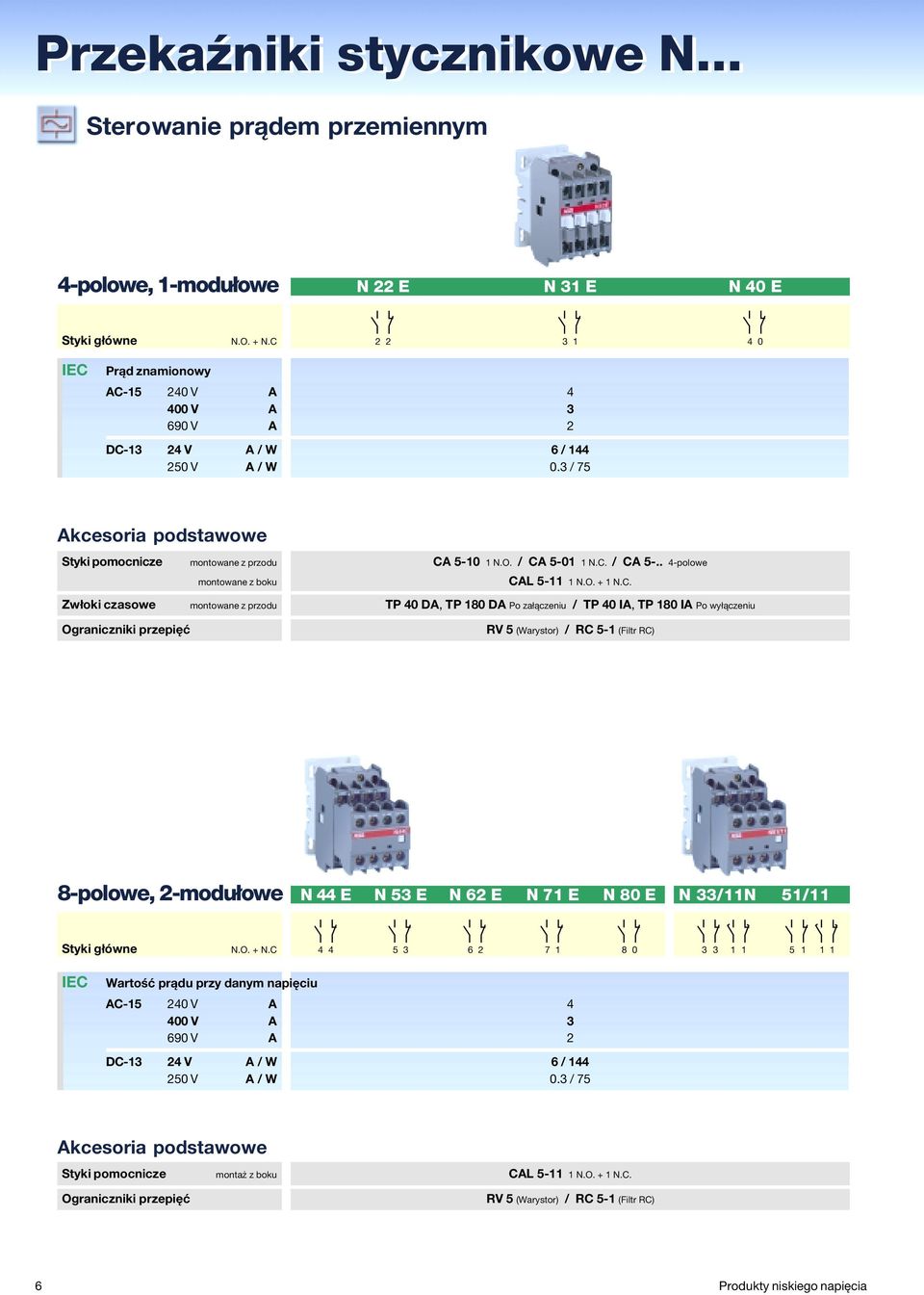 / CA 5-01 1 N.C. / CA 5-.. 4-polowe montowane z boku CAL 5-11 1 N.O. + 1 N.C. Zwłoki czasowe montowane z przodu TP 40 DA, TP 180 DA Po załączeniu / TP 40 IA, TP 180 IA Po wyłączeniu Ograniczniki