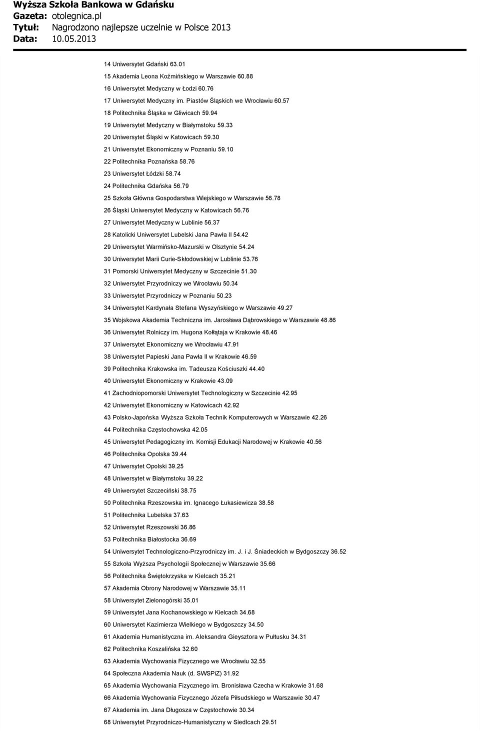 10 22 Politechnika Poznańska 58.76 23 Uniwersytet Łódzki 58.74 24 Politechnika Gdańska 56.79 25 Szkoła Główna Gospodarstwa Wiejskiego w Warszawie 56.78 26 Śląski Uniwersytet Medyczny w Katowicach 56.