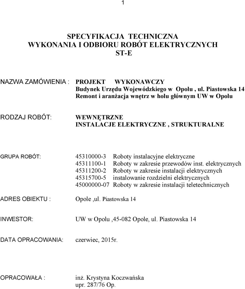 45311100-1 Roboty w zakresie przewodów inst.