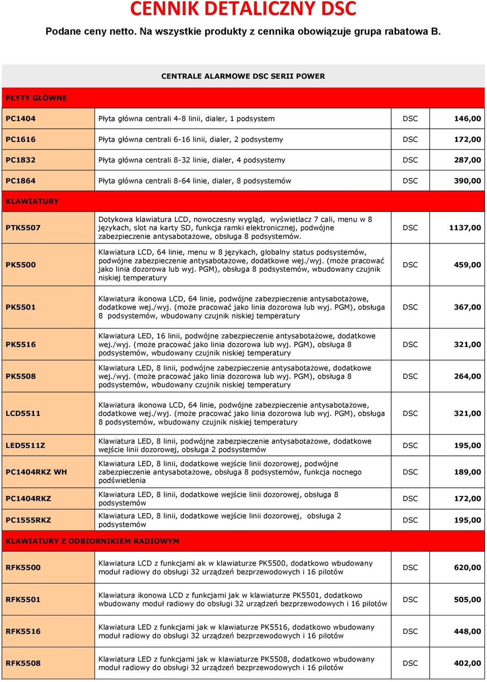 Płyta główna centrali 8-32 linie, dialer, 4 podsystemy DSC 287,00 PC1864 Płyta główna centrali 8-64 linie, dialer, 8 podsystemów DSC 390,00 KLAWIATURY PTK5507 PK5500 Dotykowa klawiatura LCD,