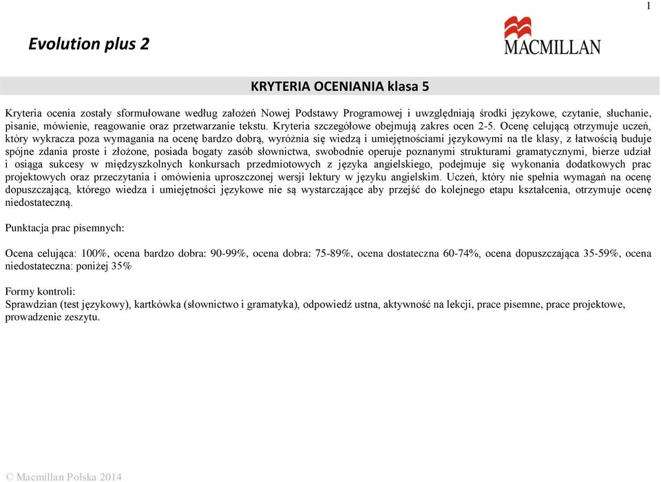 Ocenę celującą otrzymuje uczeń, który wykracza poza wymagania na ocenę bardzo dobrą, wyróżnia się wiedzą i umiejętnościami językowymi na tle klasy, z łatwością buduje spójne zdania proste i złożone,