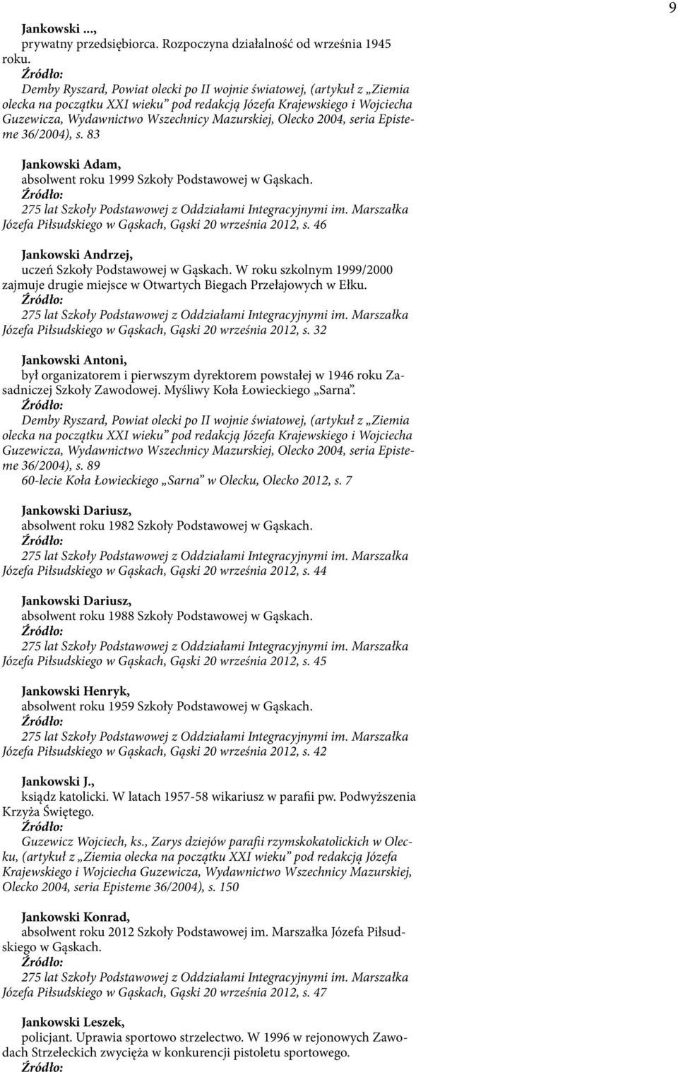 2004, seria Episteme 36/2004), s. 83 9 Jankowski Adam, absolwent roku 1999 Szkoły Podstawowej w Gąskach. Jankowski Andrzej, uczeń Szkoły Podstawowej w Gąskach.