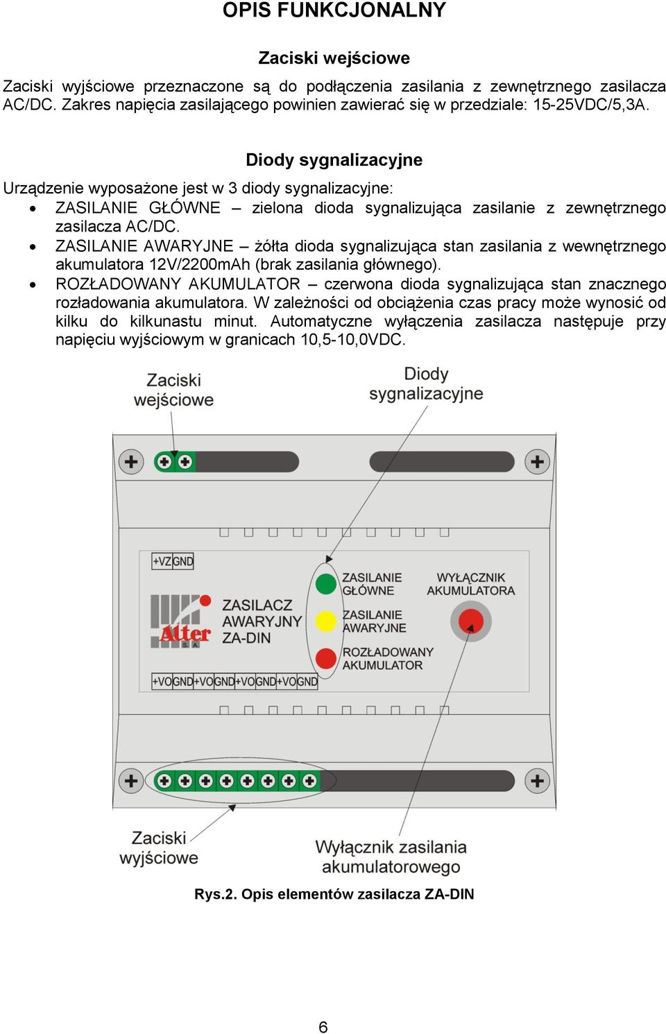 Diody sygnalizacyjne Urządzenie wyposażone jest w 3 diody sygnalizacyjne: ZASILANIE GŁÓWNE zielona dioda sygnalizująca zasilanie z zewnętrznego zasilacza AC/DC.