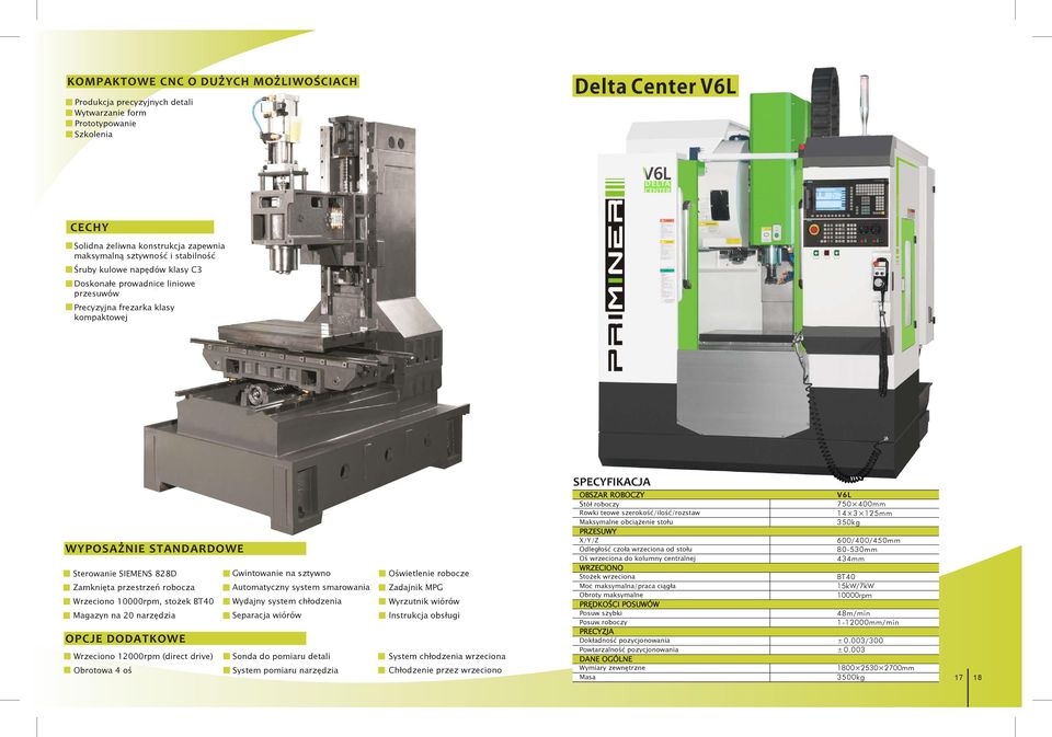 Automatyczny system smarowania Wrzeciono, stożek Wydajny system chłodzenia Magazyn na 20 narzędzia Separacja wiórów OPCJE DODATKOWE Wrzeciono 12000rpm (direct drive) Sonda do pomiaru detali Obrotowa