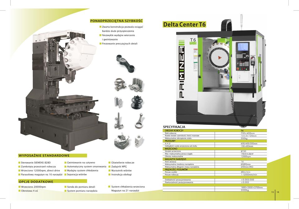 wiórów OPCJE DODATKOWE Wrzeciono 20000rpm Sonda do pomiaru detali Obrotowa 4 oś System pomiaru narzędzia Oświetlenie robocze Zadajnik MPG Wyrzutnik wiórów Instrukcja obsługi System chłodzenia