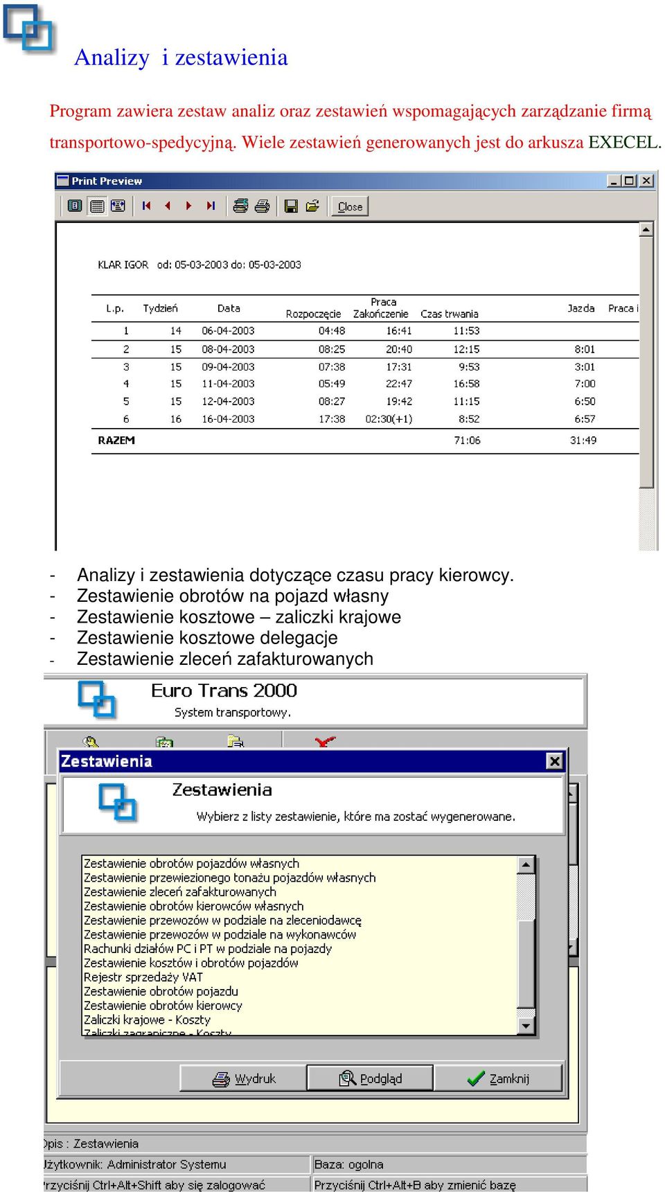 - - Analizy i zestawienia dotyczące czasu pracy kierowcy.