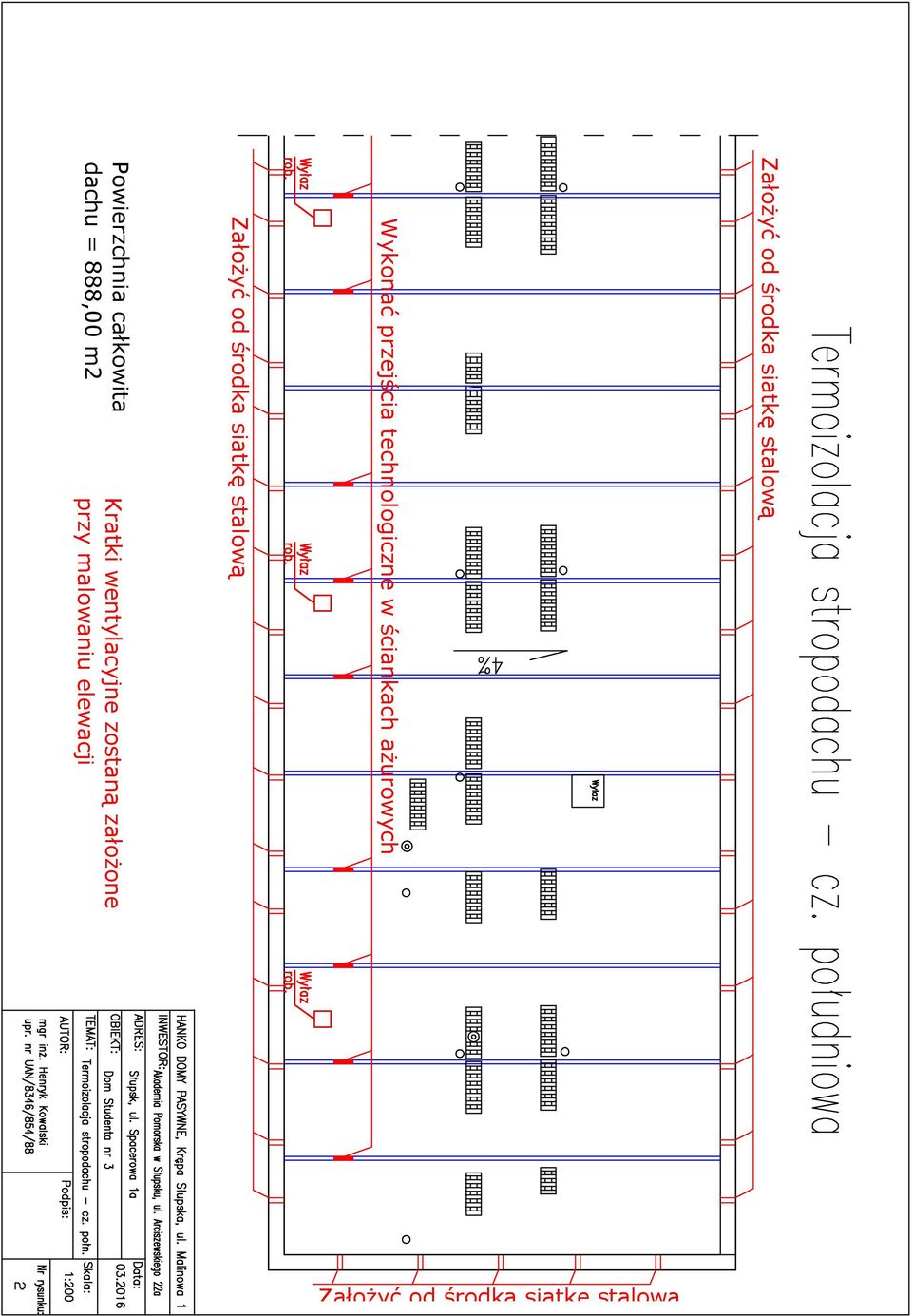 całkowita dachu = 888,00 m2 Kratki