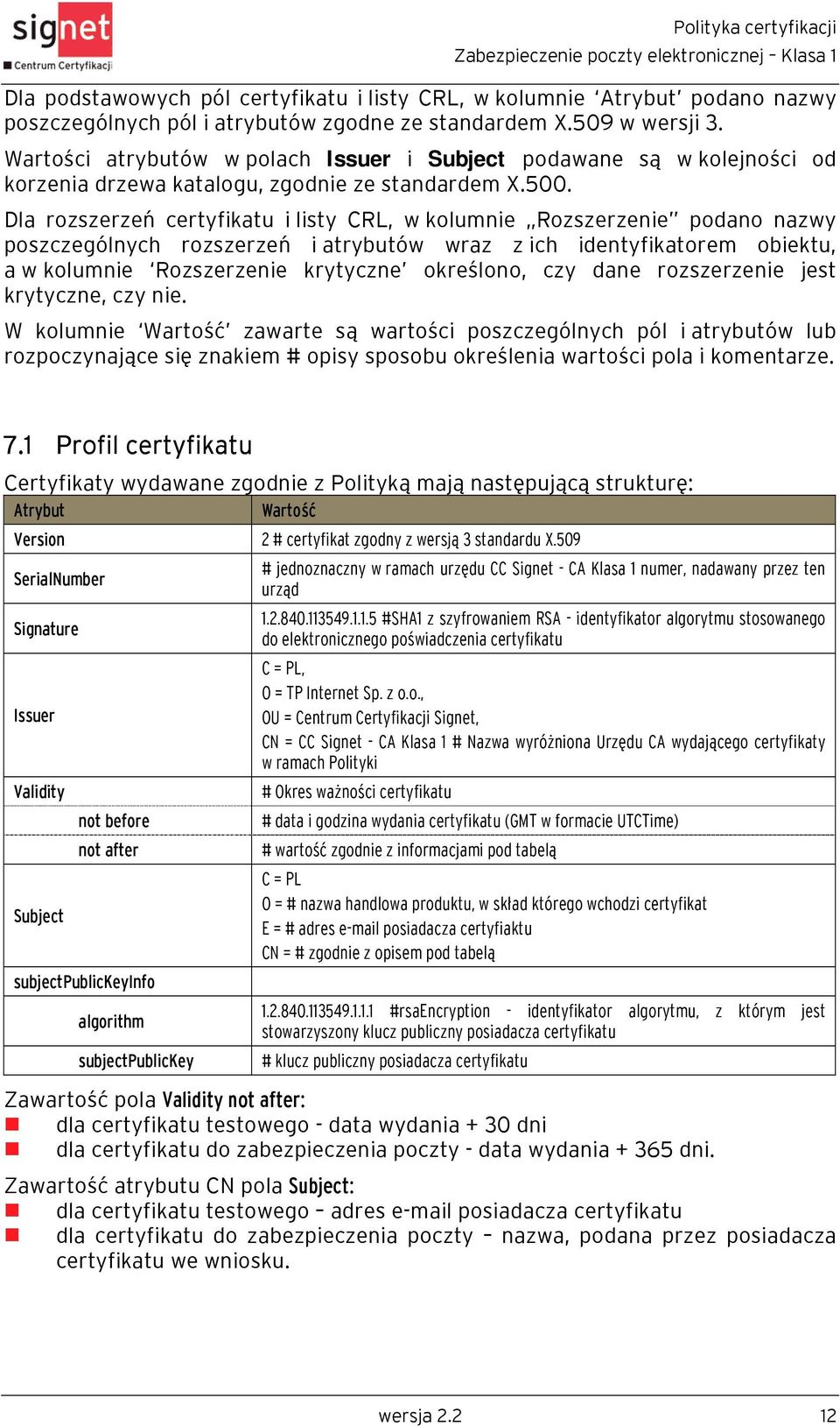 Dla rozszerzeń certyfikatu i listy CRL, w kolumnie Rozszerzenie podano nazwy poszczególnych rozszerzeń i atrybutów wraz z ich identyfikatorem obiektu, a w kolumnie Rozszerzenie krytyczne określono,