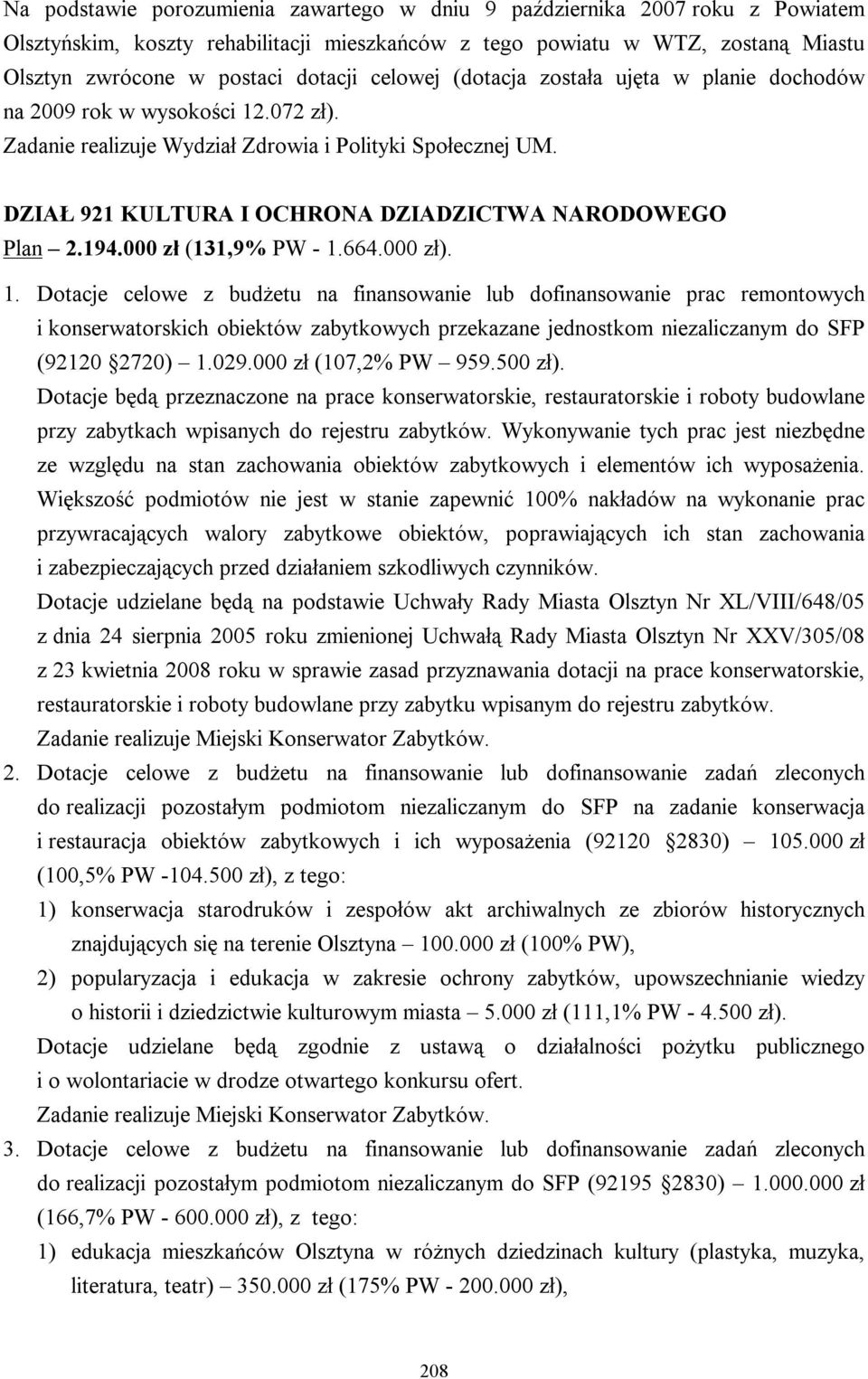 DZIAŁ 921 KULTURA I OCHRONA DZIADZICTWA NARODOWEGO Plan 2.194.000 zł (131,9% PW - 1.