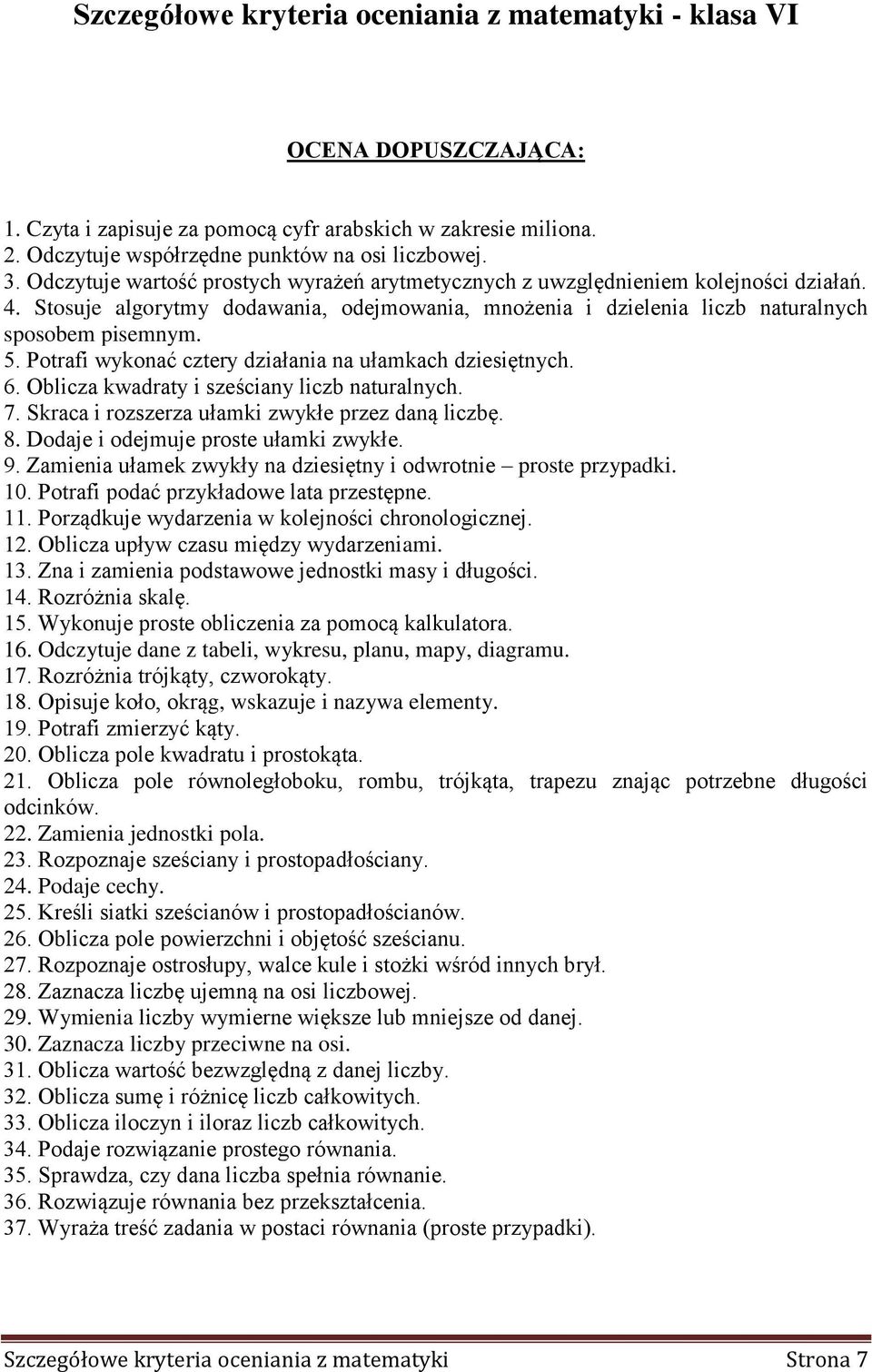 Potrafi wykonać cztery działania na ułamkach dziesiętnych. 6. Oblicza kwadraty i sześciany liczb naturalnych. 7. Skraca i rozszerza ułamki zwykłe przez daną liczbę. 8.