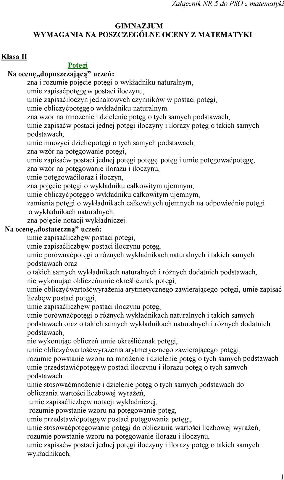 zna wzór na mnożenie i dzielenie potęg o tych samych podstawach, umie zapisać w postaci jednej potęgi iloczyny i ilorazy potęg o takich samych podstawach, umie mnożyć i dzielić potęgi o tych samych