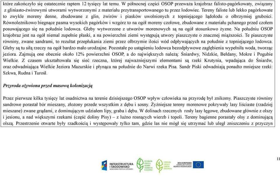 Tereny faliste lub lekko pagórkowate to zwykle moreny denne, zbudowane z glin, żwirów i piasków uwolnionych z topniejącego lądolodu o olbrzymiej grubości.