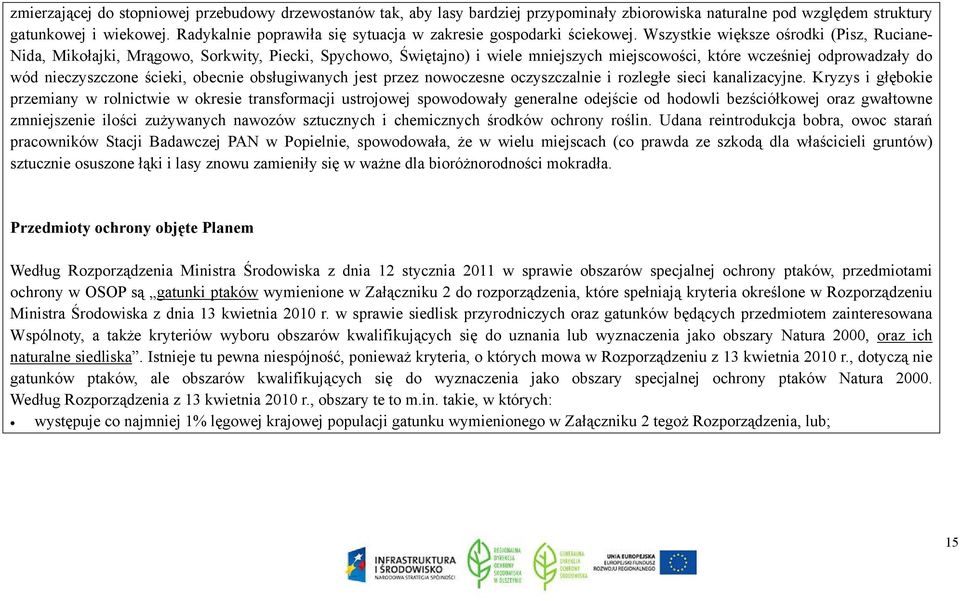 Wszystkie większe ośrodki (Pisz, Ruciane- Nida, Mikołajki, Mrągowo, Sorkwity, Piecki, Spychowo, Świętajno) i wiele mniejszych miejscowości, które wcześniej odprowadzały do wód nieczyszczone ścieki,