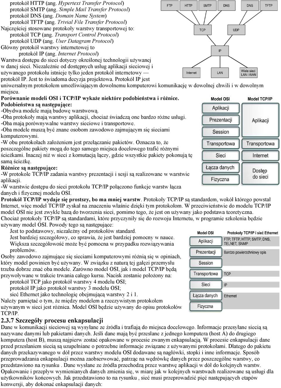 User Datagram Protocol) Główny protokół warstwy internetowej to protokół IP (ang. Internet Protocol) Warstwa dostępu do sieci dotyczy określonej technologii używanej w danej sieci.