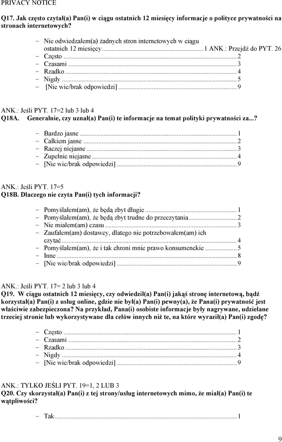 : Jeśli PYT. 17=2 lub 3 lub 4 Q18A. Generalnie, czy uznał(a) Pan(i) te informacje na temat polityki prywatności za...? - Bardzo jasne...1 - Całkiem jasne...2 - Raczej niejasne...3 - Zupełnie niejasne.