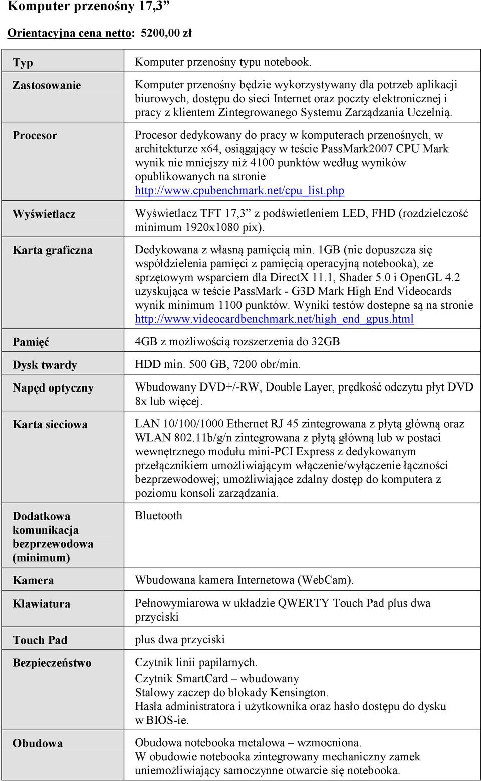 Komputer przenośny będzie wykorzystywany dla potrzeb aplikacji biurowych, dostępu do sieci Internet oraz poczty elektronicznej i pracy z klientem Zintegrowanego Systemu Zarządzania Uczelnią.