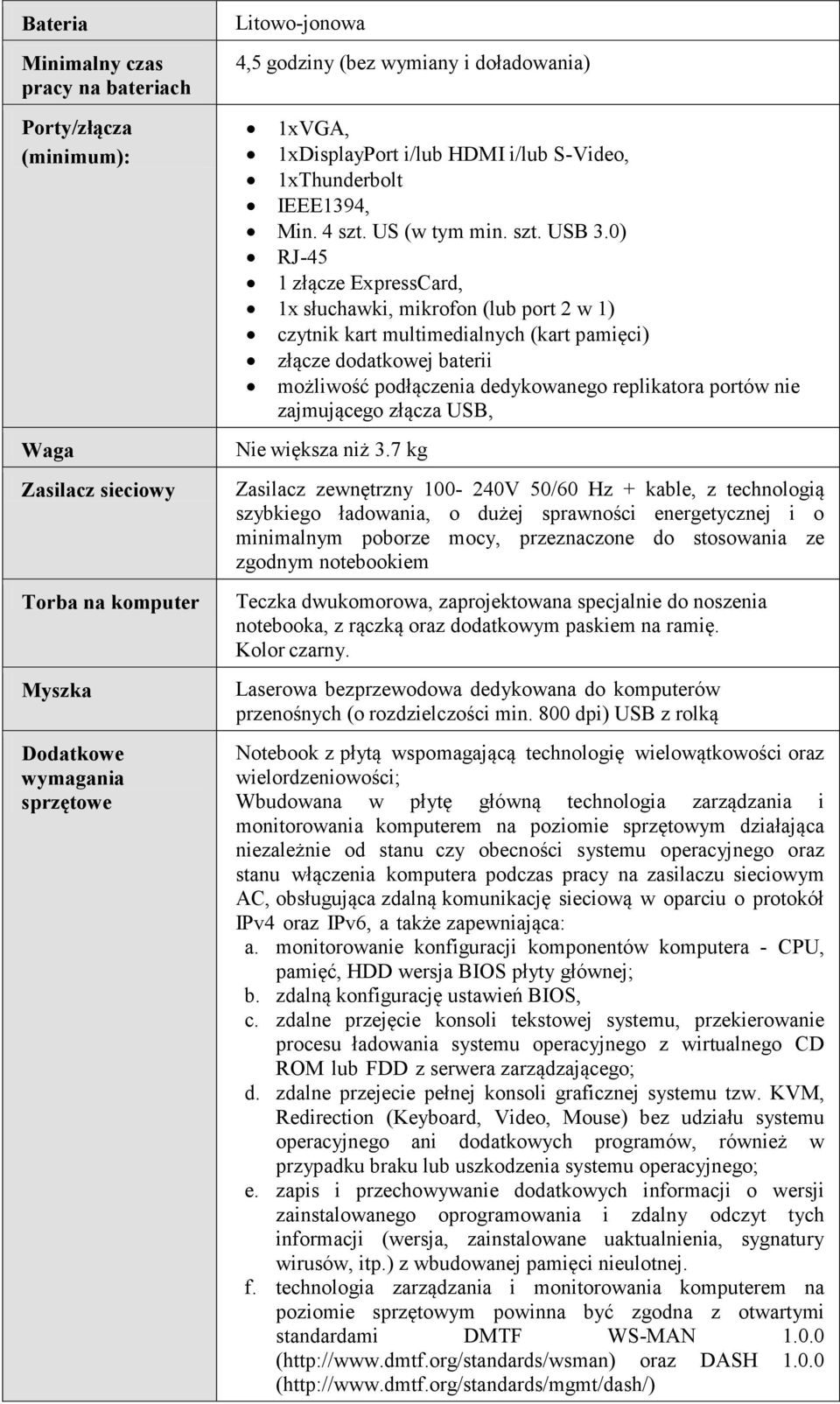 0) RJ-45 1 złącze ExpressCard, 1x słuchawki, mikrofon (lub port 2 w 1) czytnik kart multimedialnych (kart pamięci) złącze dodatkowej baterii możliwość podłączenia dedykowanego replikatora portów nie