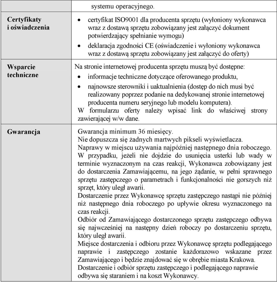 spełnianie wymogu) deklaracja zgodności CE (oświadczenie i wyłoniony wykonawca wraz z dostawą sprzętu zobowiązany jest załączyć do oferty) Na stronie internetowej producenta sprzętu muszą być