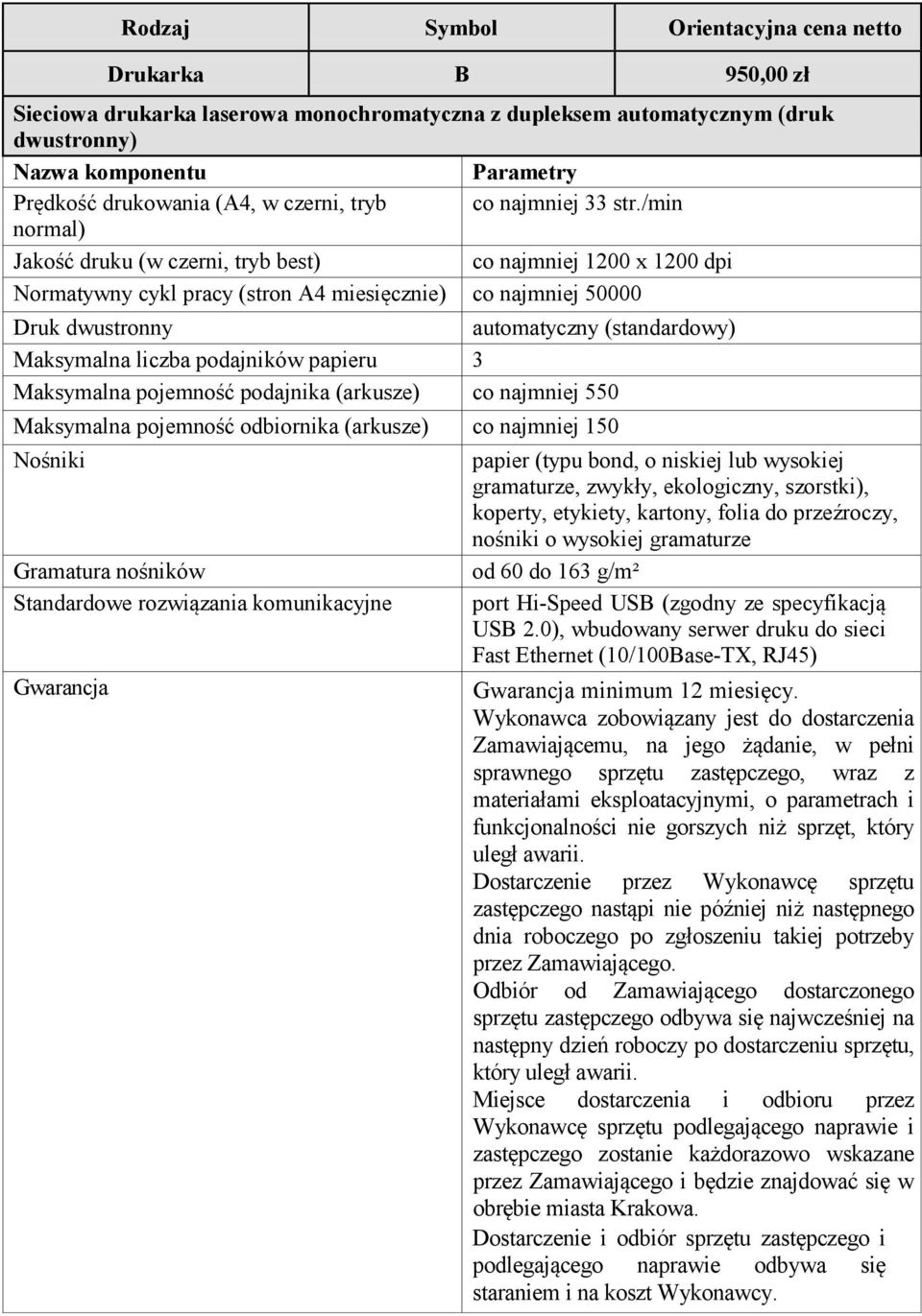 /min normal) Jakość druku (w czerni, tryb best) co najmniej 1200 x 1200 dpi Normatywny cykl pracy (stron A4 miesięcznie) co najmniej 50000 Druk dwustronny automatyczny (standardowy) Maksymalna liczba