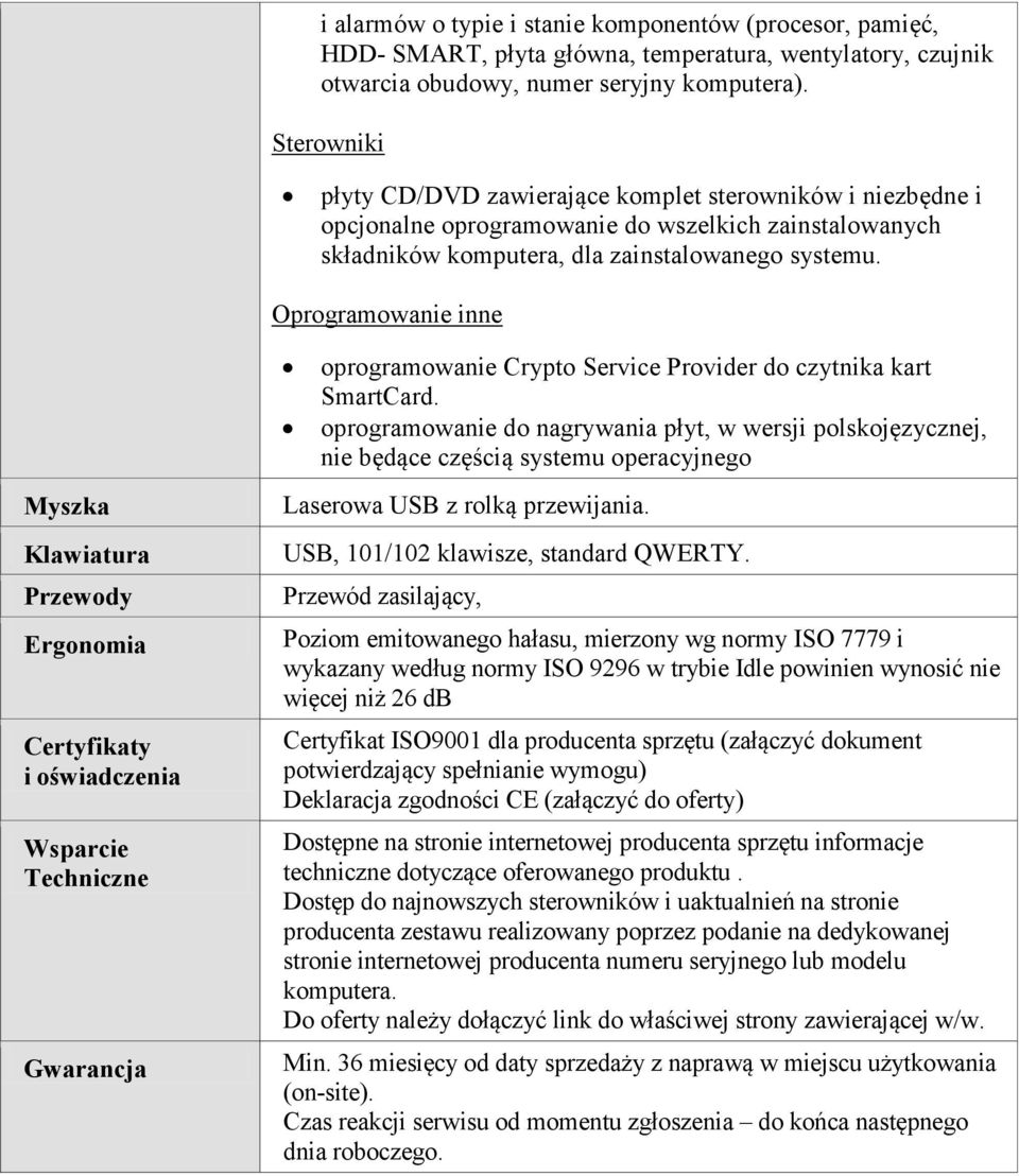 Oprogramowanie inne Myszka Klawiatura Przewody Ergonomia Certyfikaty i oświadczenia Wsparcie Techniczne Gwarancja oprogramowanie Crypto Service Provider do czytnika kart SmartCard.