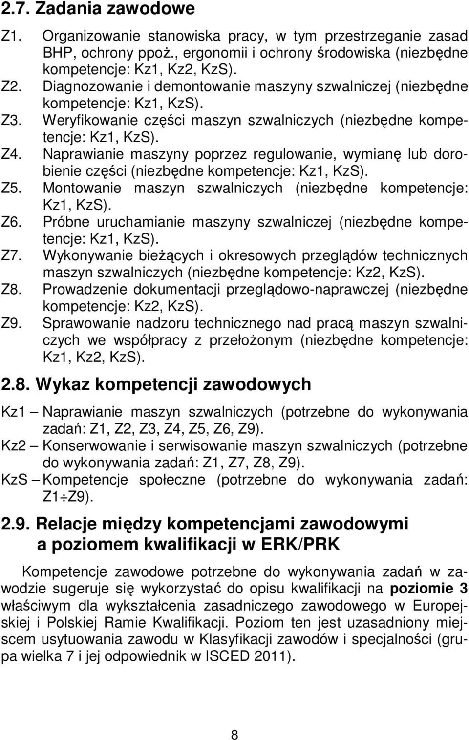 Naprawianie maszyny poprzez regulowanie, wymianę lub dorobienie części (niezbędne kompetencje: Kz1, KzS). Z5. Montowanie maszyn szwalniczych (niezbędne kompetencje: Kz1, KzS). Z6.