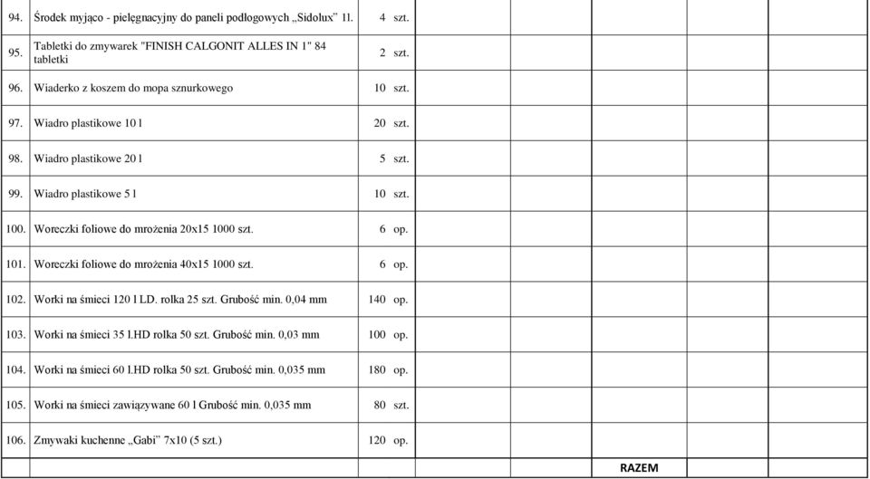 Woreczki foliowe do mrożenia 20x15 1000 szt. 6 op. 101. Woreczki foliowe do mrożenia 40x15 1000 szt. 6 op. 102. Worki na śmieci 120 l LD. rolka 25 szt. Grubość min. 0,04 mm 140 op. 103.