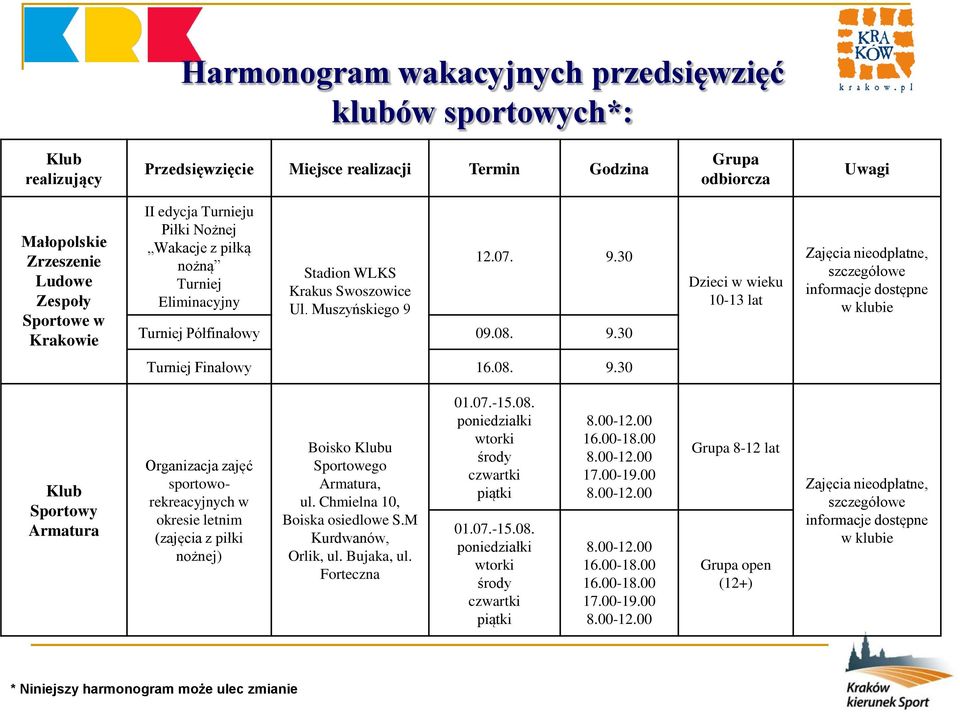 12.07. 9.30 Turniej Półfinałowy 09.08. 9.30 Dzieci w wieku 10-13 lat Zajęcia nieodpłatne, szczegółowe informacje dostępne w klubie Turniej Finałowy 16.08. 9.30 Klub Sportowy Armatura Organizacja zajęć sportoworekreacyjnych w okresie letnim (zajęcia z piłki nożnej) Boisko Klubu Sportowego Armatura, ul.