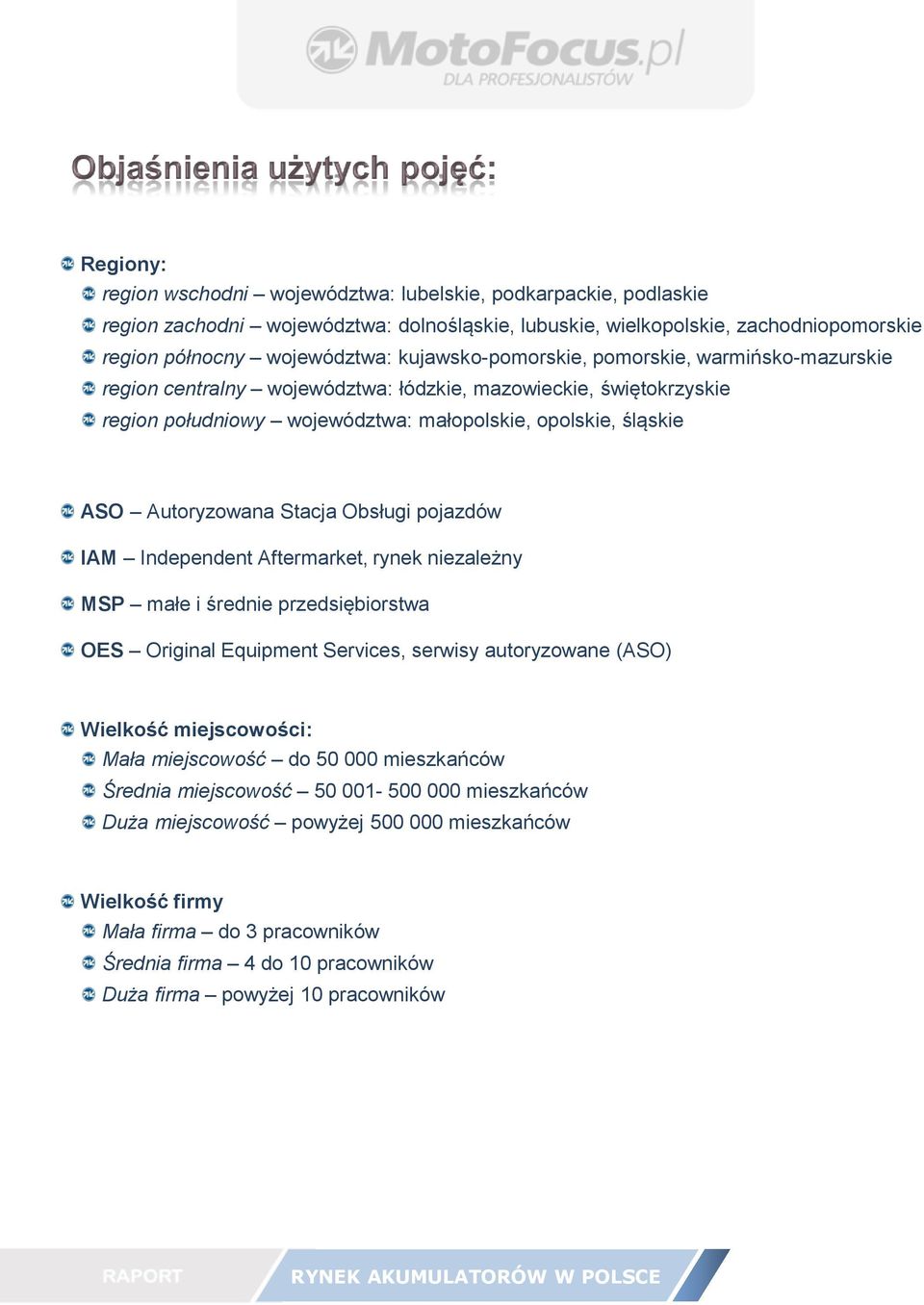 Stacja Obsługi pojazdów IAM Independent Aftermarket, rynek niezależny MSP małe i średnie przedsiębiorstwa OES Original Equipment Services, serwisy autoryzowane (ASO) Wielkość miejscowości: Mała