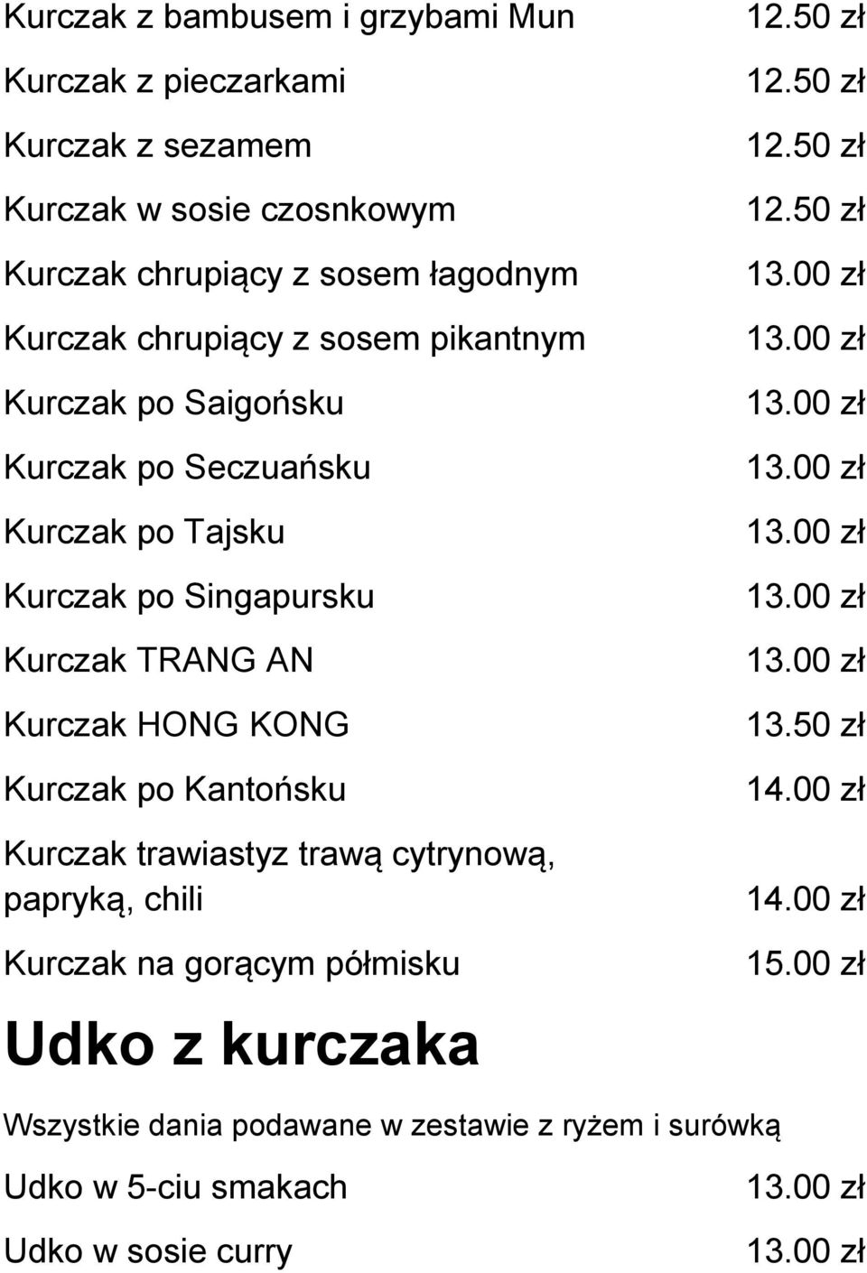 Singapursku Kurczak TRANG AN Kurczak HONG KONG Kurczak po Kantońsku Kurczak trawiastyz trawą cytrynową, papryką, chili Kurczak