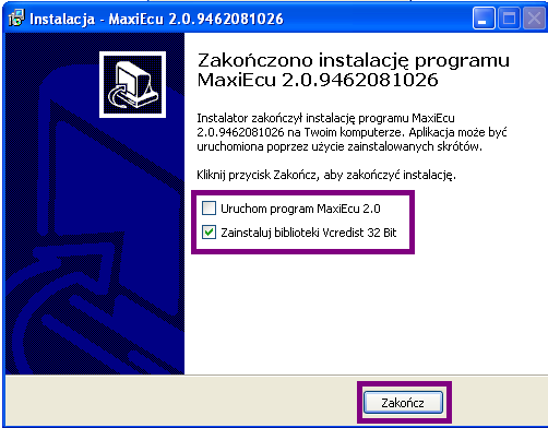 Po zakończeniu instalacji wyświetli się okno z komunikatem o pomyślnym zainstalowaniu. W przypadku, gdy chcemy uruchomić nowo zainstalowany program należy odznaczyć opcję Uruchom program MaxiEcu 2.