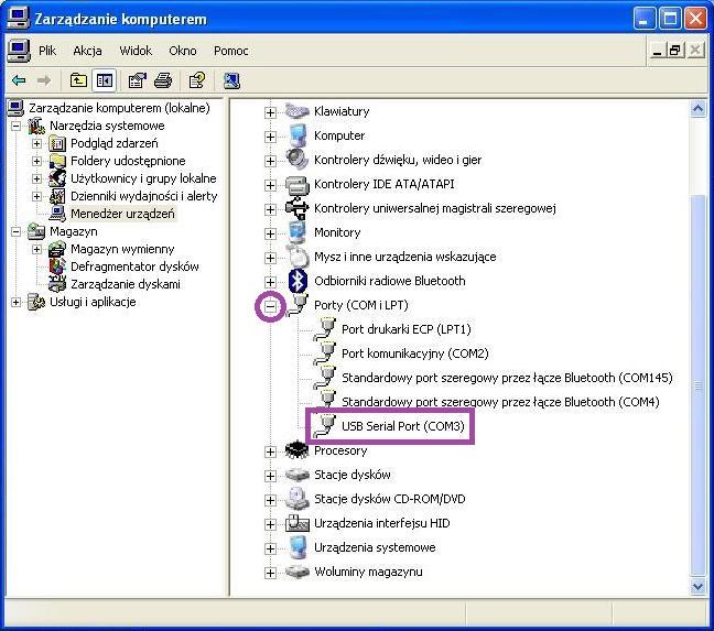 W menedżerze urządzeń należy rozwinąć pole Porty (COM i LPT).