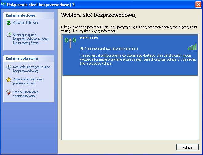 Po wybraniu wymaganej opcji pojawi się okno z dostępnymi sieciami bezprzewodowymi, zaznaczamy sieć MPM-COM oraz klikamy na przycisk Połącz. Karta sieciowa nawiąże połączenie z interfejsem.