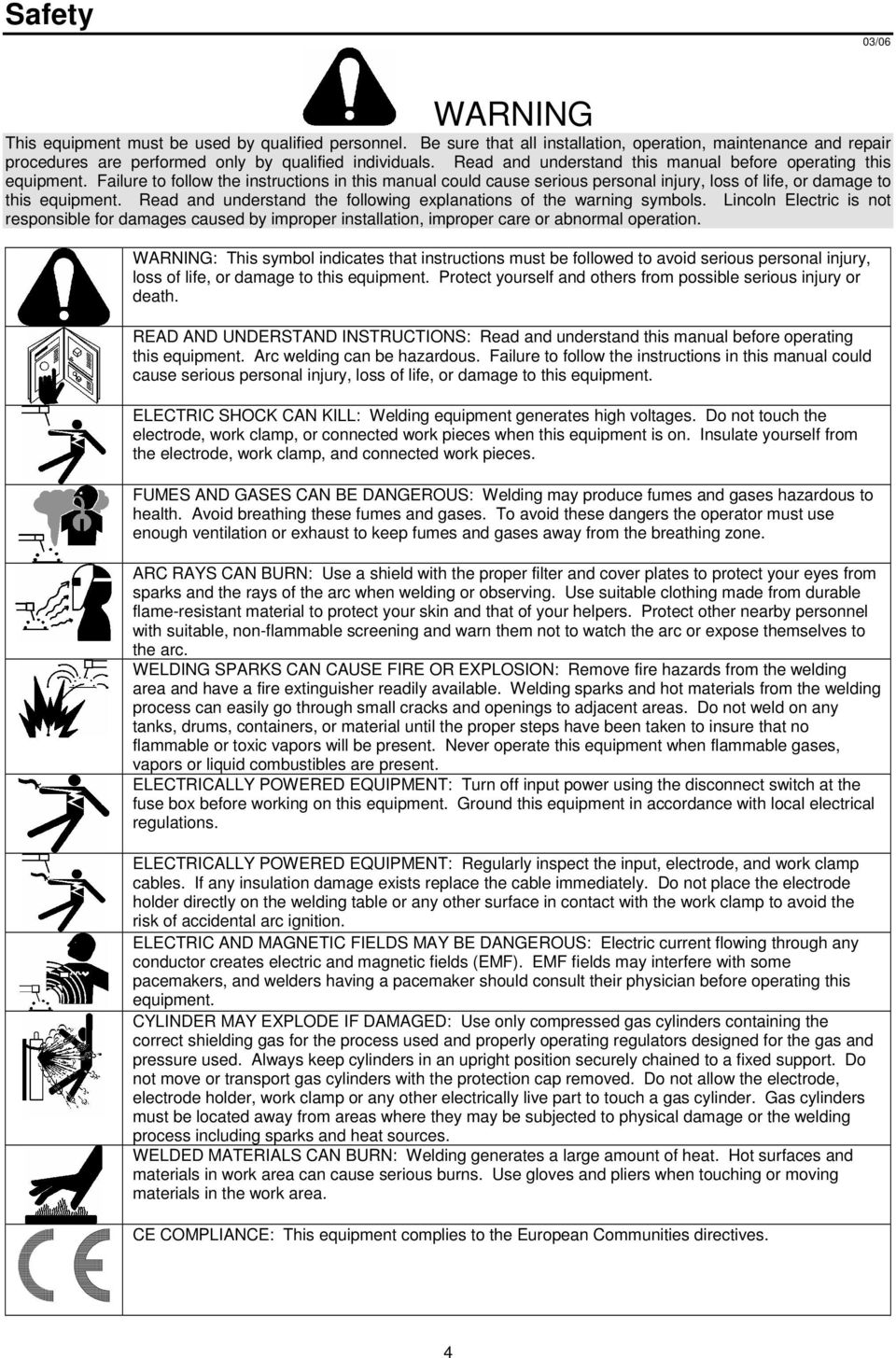 Read and understand the following explanations of the warning symbols. Lincoln Electric is not responsible for damages caused by improper installation, improper care or abnormal operation.