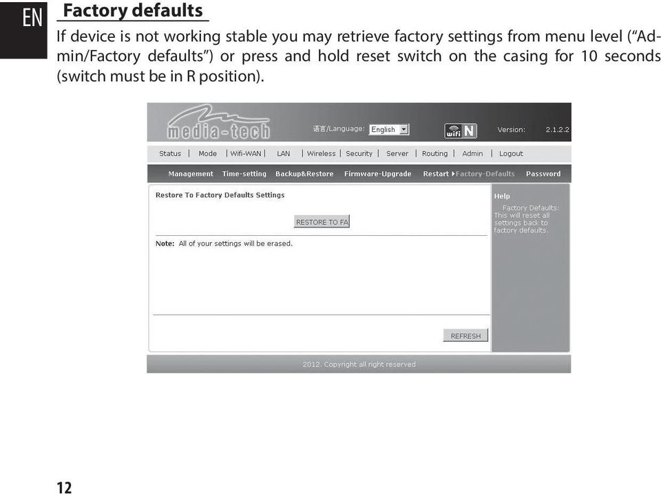 Admin/Factory defaults ) or press and hold reset switch