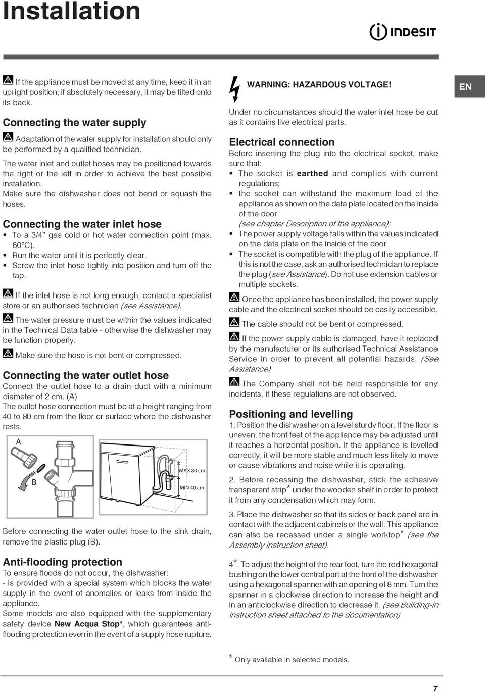 The water inlet and outlet hoses may be positioned towards the right or the left in order to achieve the best possible installation. Make sure the dishwasher does not bend or squash the hoses.