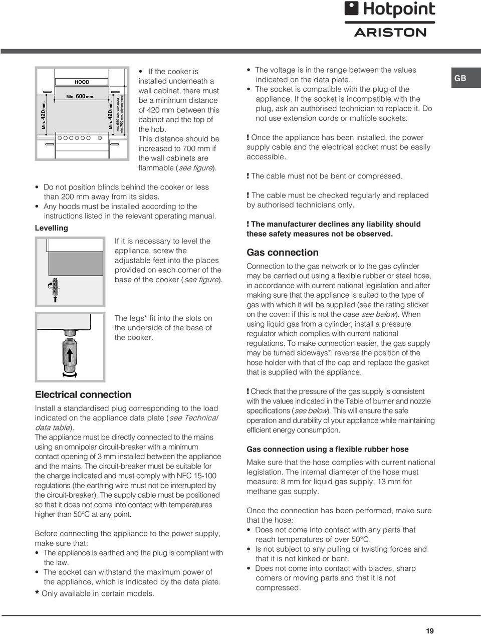 This distance should be increased to 700 mm if the wall cabinets are flammable (see figure). Do not position blinds behind the cooker or less than mm away from its sides.