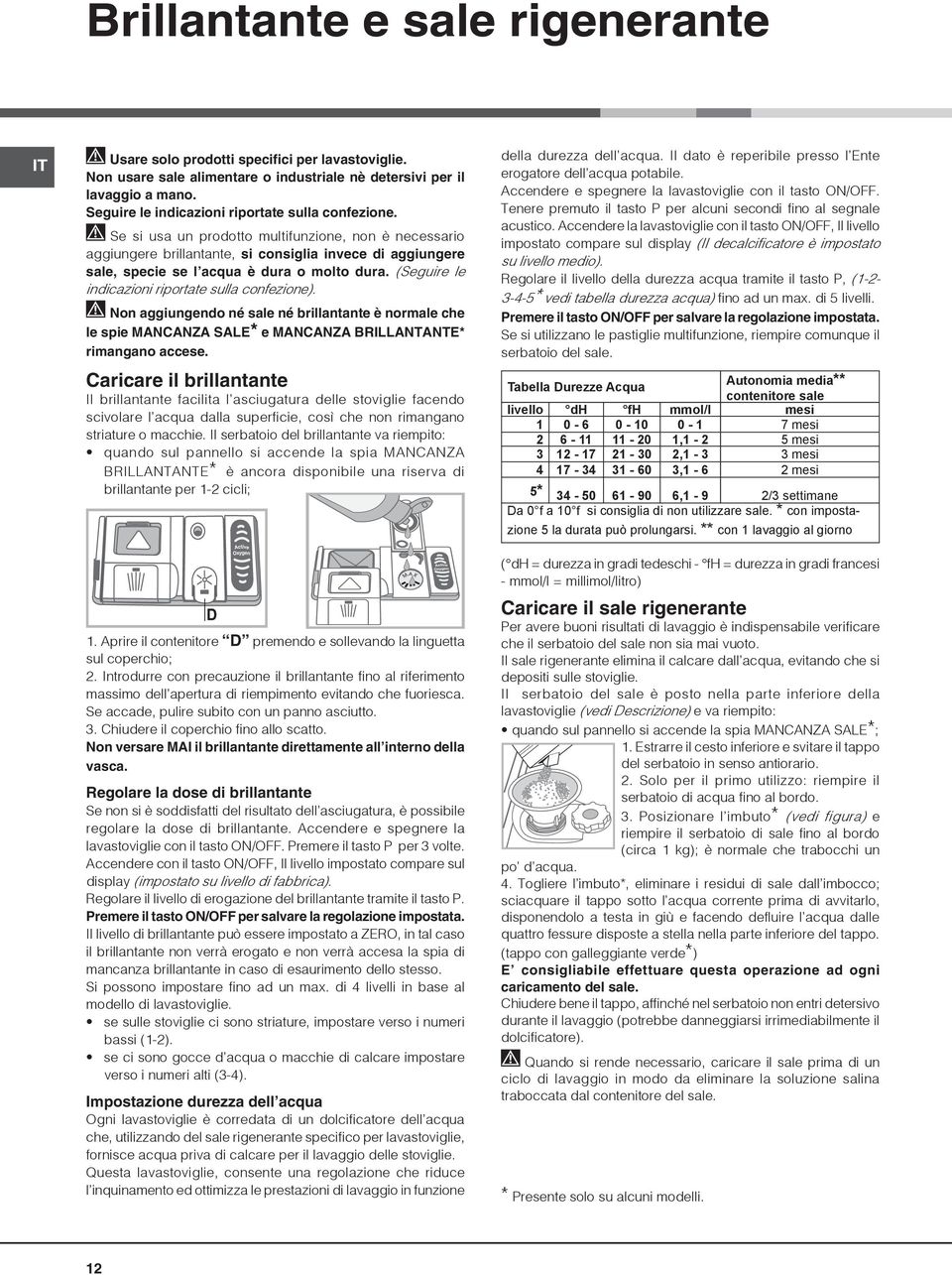 Se si usa un prodotto multifunzione, non è necessario aggiungere brillantante, si consiglia invece di aggiungere sale, specie se l acqua è dura o molto dura.