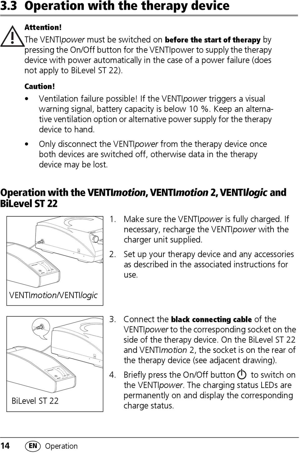 (does not apply to BiLevel ST 22). Caution! Ventilation failure possible! If the VENTIpower triggers a visual warning signal, battery capacity is below 10 %.