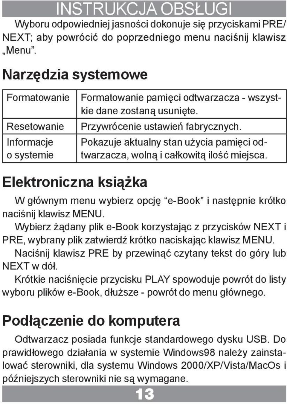 Pokazuje aktualny stan użycia pamięci odtwarzacza, wolną i całkowitą ilość miejsca. Elektroniczna książka W głównym menu wybierz opcję e-book i następnie krótko naciśnij klawisz MENU.