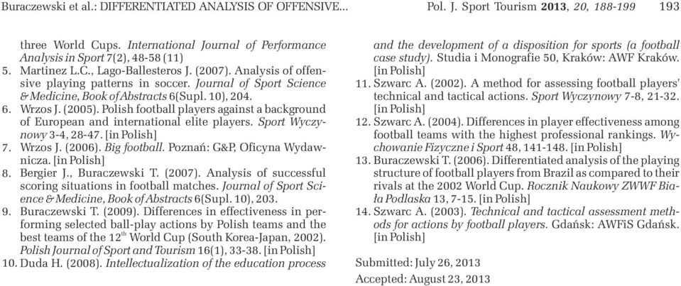 Polish football players against a background of European and international elite players. Sport Wyczynowy 3-4, 28-4. [in Polish]. Wrzos J. (2006). Big football. Poznań: G&P, Oficyna Wydawnicza.