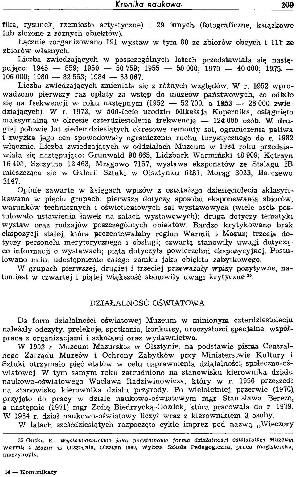 Liczba zwiedzających w poszczególnych latach przedstawiała się następująco: 1945 859; 1950 50 759; 1955 50 000; 1970 40 000; 19.75. 106 000; 1980 82 553; 1984 63 067.