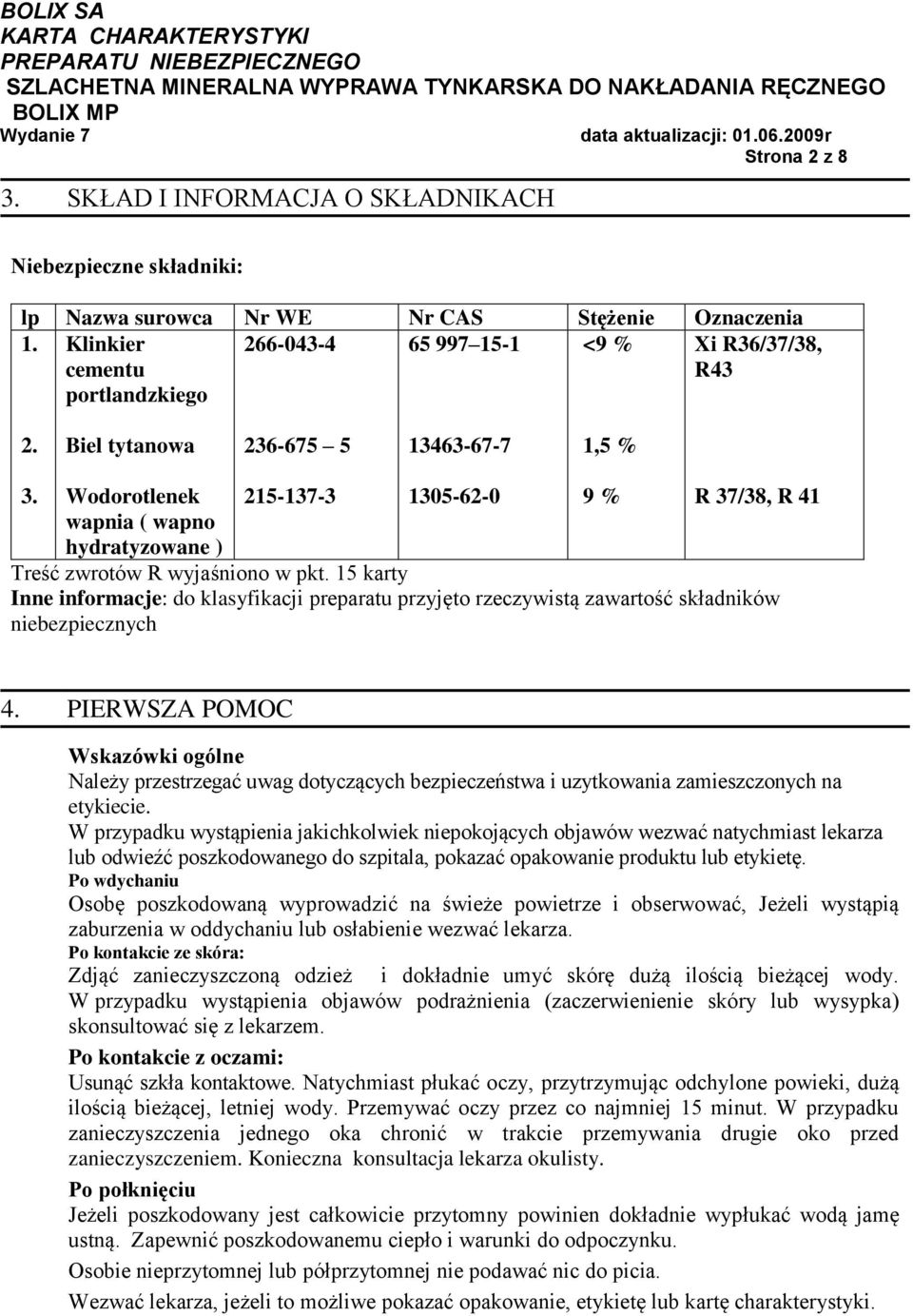 Wodorotlenek 215-137-3 1305-62-0 9 % R 37/38, R 41 wapnia ( wapno hydratyzowane ) Treść zwrotów R wyjaśniono w pkt.