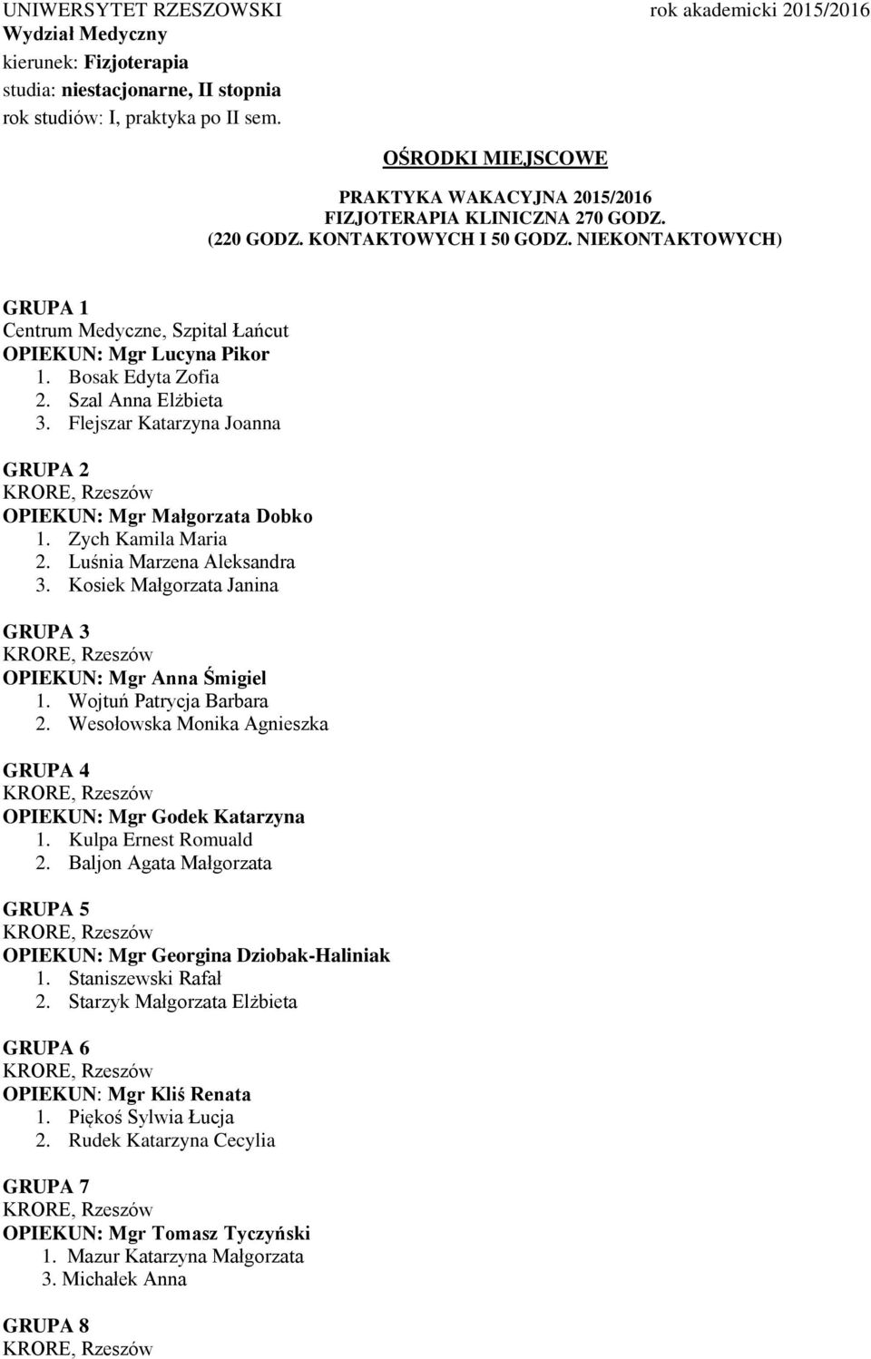 NIEKONTAKTOWYCH) GRUPA 1 Centrum Medyczne, Szpital Łańcut OPIEKUN: Mgr Lucyna Pikor 1. Bosak Edyta Zofia 2. Szal Anna Elżbieta 3. Flejszar Katarzyna Joanna GRUPA 2 OPIEKUN: Mgr Małgorzata Dobko 1.